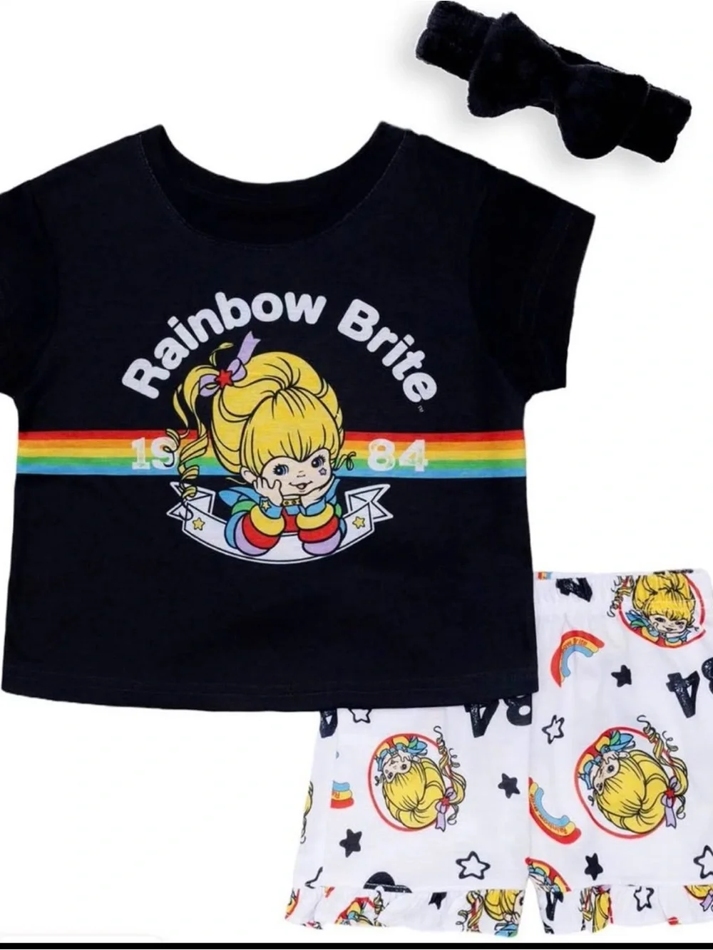 NWT Rainbow Brite Girls Tee & Shorts Set w/ Headband Size XS 4/5 - 3pieces